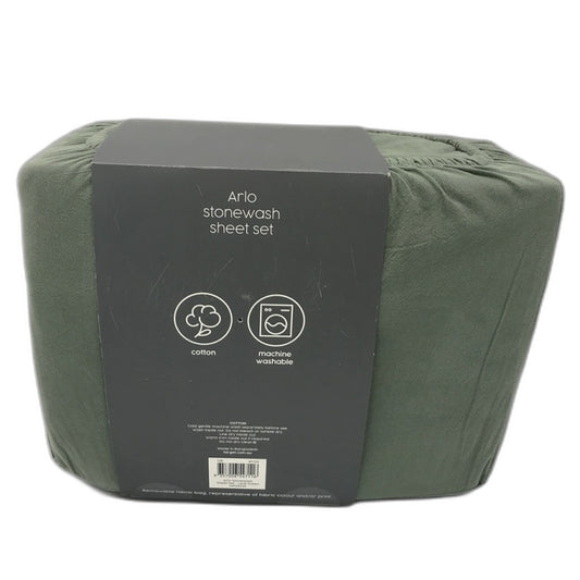 Arlo Stonewash Forest Green Cotton Queen Sheet Set NEW