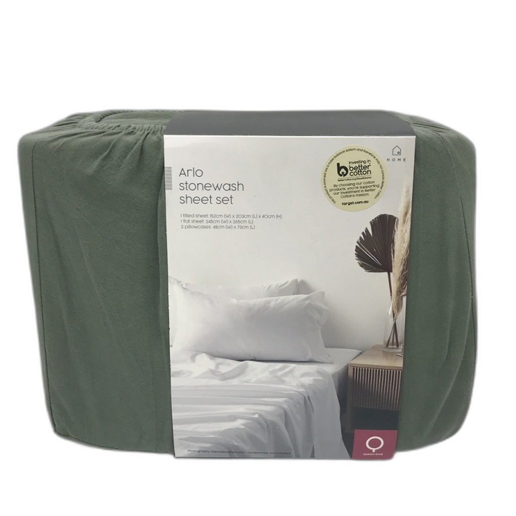 Arlo Stonewash Forest Green Cotton Queen Sheet Set NEW