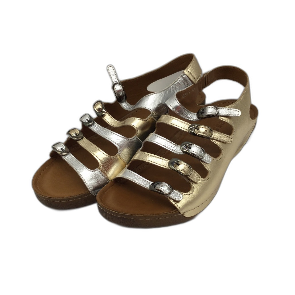 Adesso Astrid Metallic Gold Silver Leather Buckle Sandal Slides Ladies EU 42 NEW