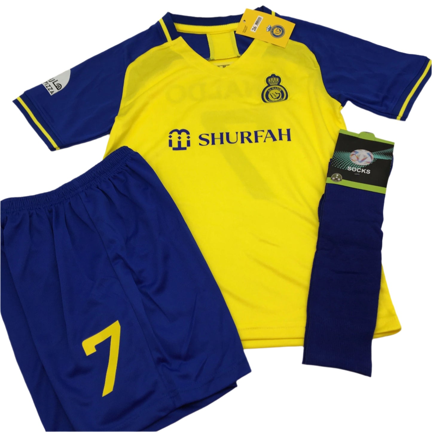 Alnassr F.C. Ronaldo #7 Yellow TShirt, Shorts & Sock Set 8-9Yrs Boys Size 26 NEW