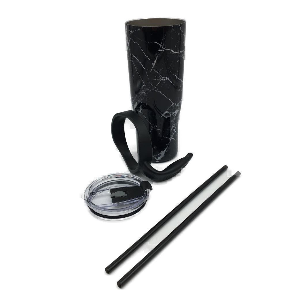 Thily 1180ml Stainless Steel Black Marble Handle/Straw Travel Mug NEW