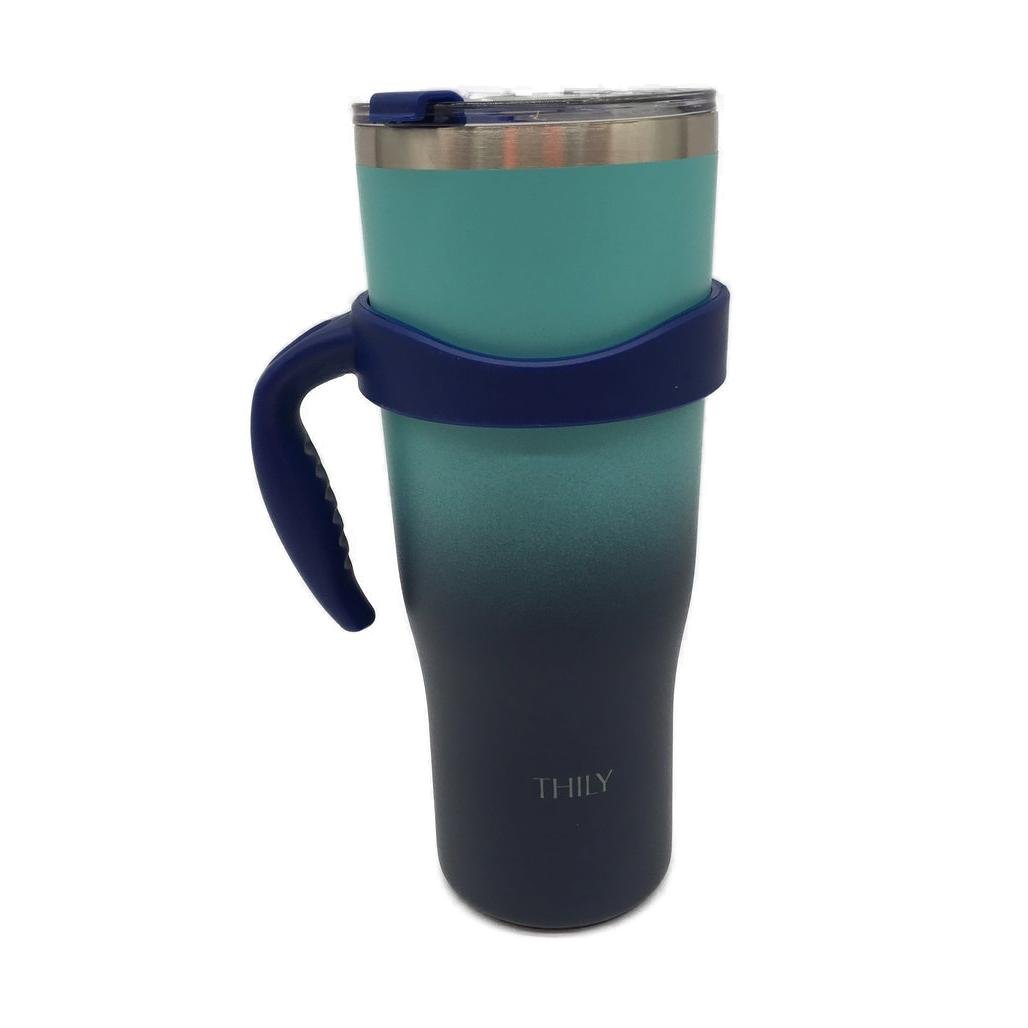 Thily 1180ml Stainless Steel Green & Navy Handle/Straw Travel Mug NEW