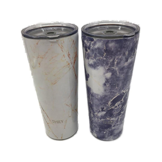 Thily 2 Piece Stainless Steel Gold & Blue Marble 780ml Travel Tumblers NEW