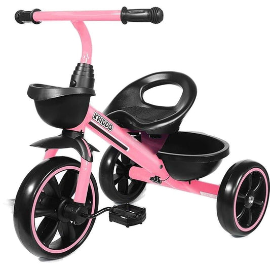 KRIDDO Pink & Black Kids Tricylce With Pedals & Rear Carry Basket NEW