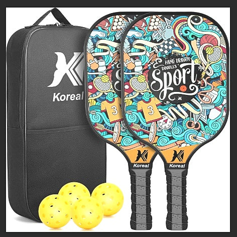 Korel Hand Drawn Pickleball Paddles Set with 4 Balls NEW