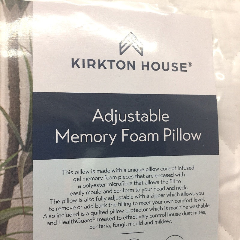 Kirkton House Adjustable Memory Foam Pillow with Removable PIllow Protector NEW