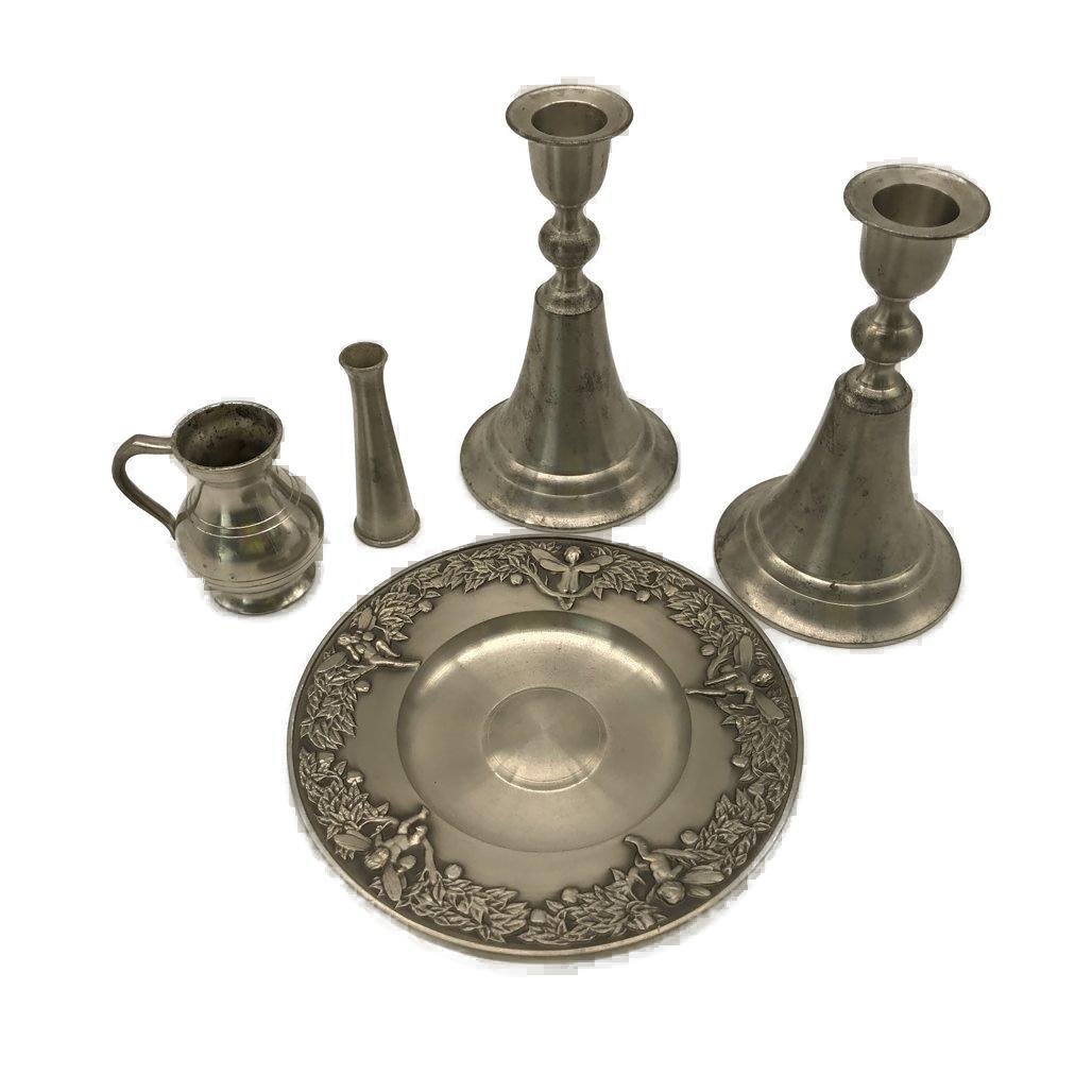 5 Pieces Mixed Stamped Pewter Inc Candlestick Holders & Mini Plate VINTAGE