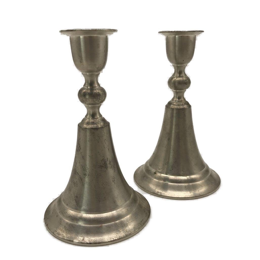 5 Pieces Mixed Stamped Pewter Inc Candlestick Holders & Mini Plate VINTAGE