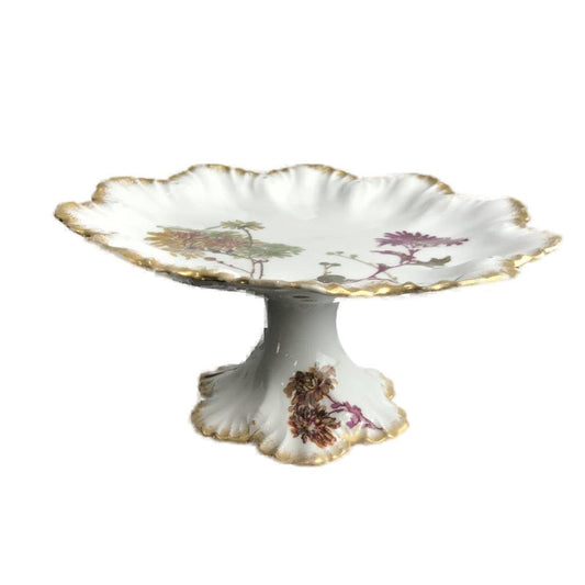 Limoges A Lanternier France Porcelain Cake Stand with Floral Motifs Vintage