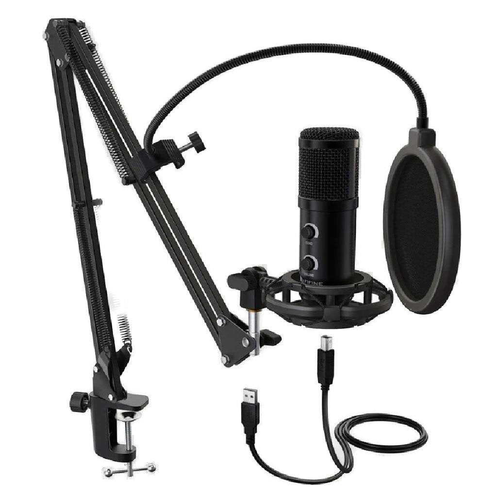 Fifine Black Studio Condenser USB Microphone Kit w/ Adjustable Boom Arm NEW