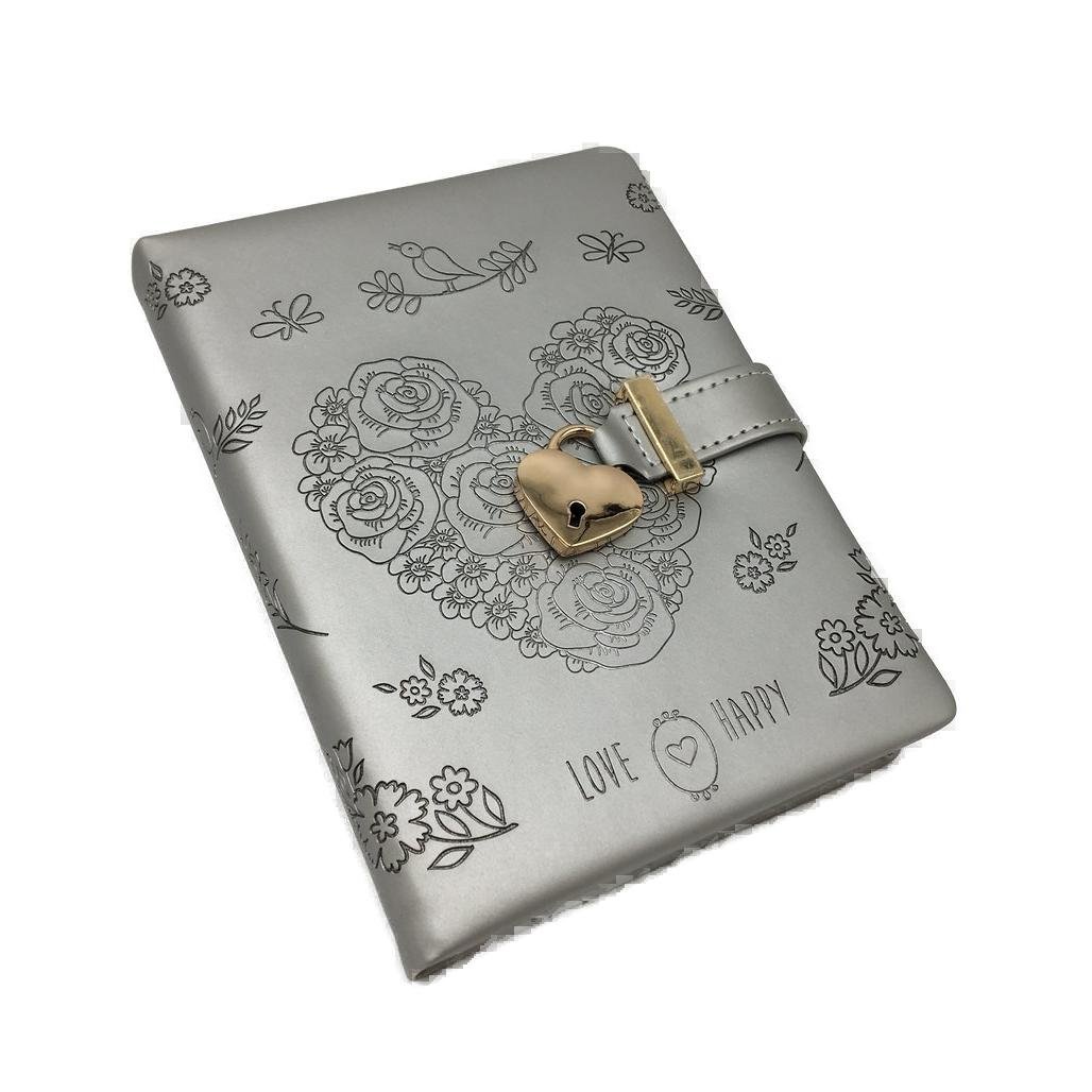 Silver Floral PU Leather Journal Undated Diary with Heart Lock & Key NEW