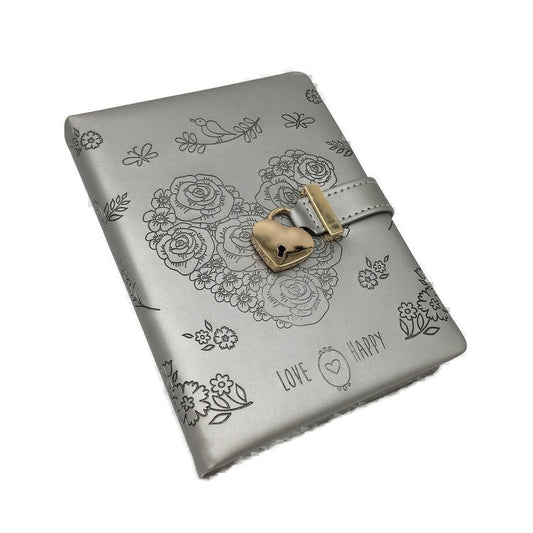 Silver Floral PU Leather Journal Undated Diary with Heart Lock & Key NEW