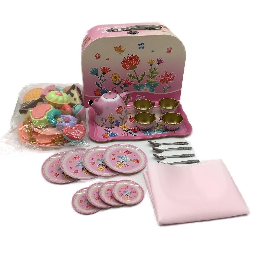 Childrens Pink Floral Pretend Tin Teapot Party Set NEW