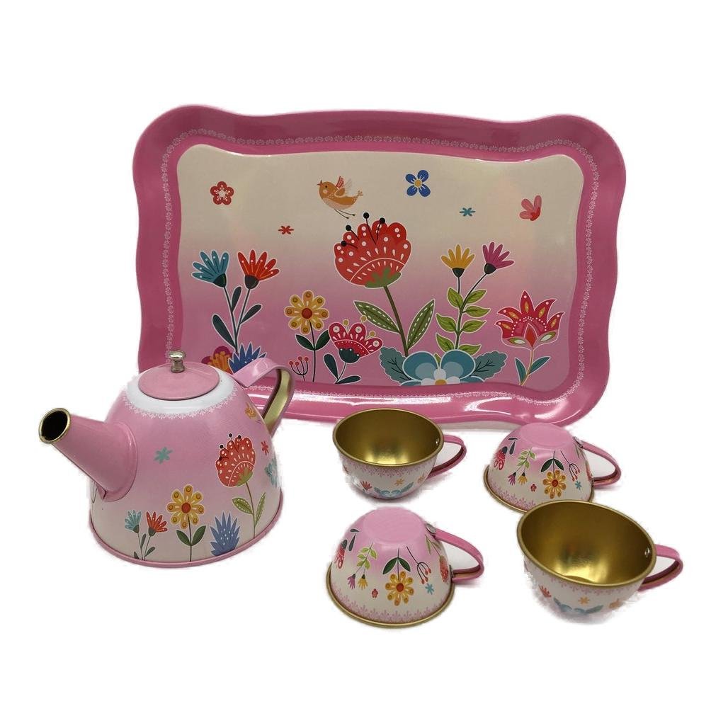 Childrens Pink Floral Pretend Tin Teapot Party Set NEW