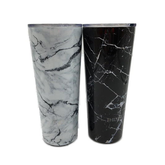 Thily 2 Piece Stainless Steel Black & White Marble 780ml Travel Tumblers NEW