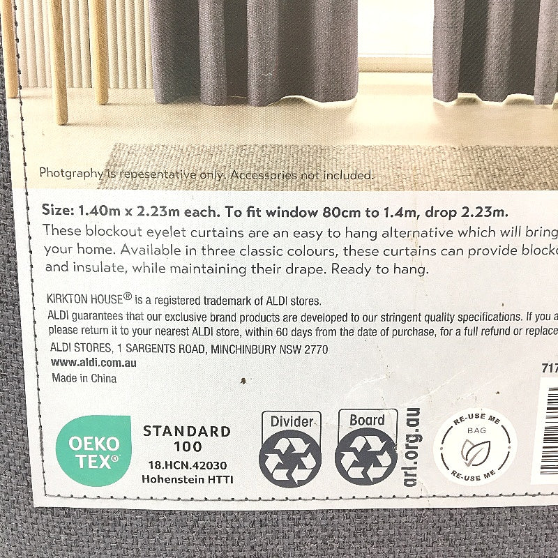 Kirkton House Blockout Grey Curtain Eyelet 2 Pack 1.40x2.23m NEW