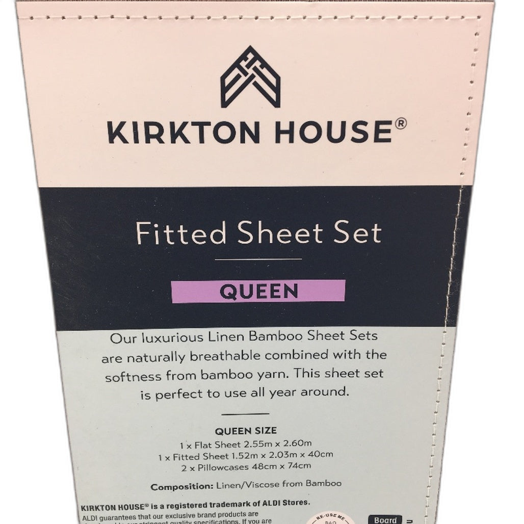 Kirkton House Linen Bamboo Striped Fitted Sheet Queen Set NEW