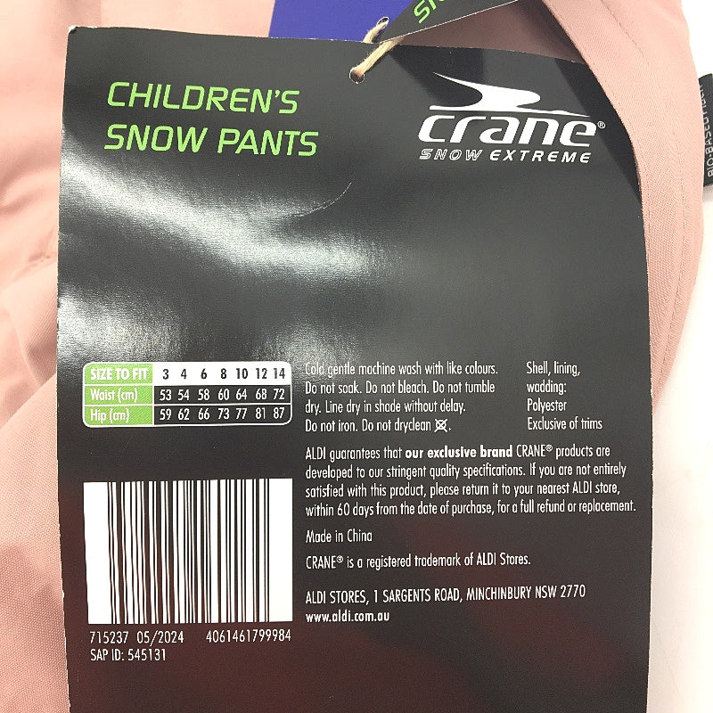 Crane Extreme Children's Snow Dusty Pink Waterproof Pants Size 6 NEW