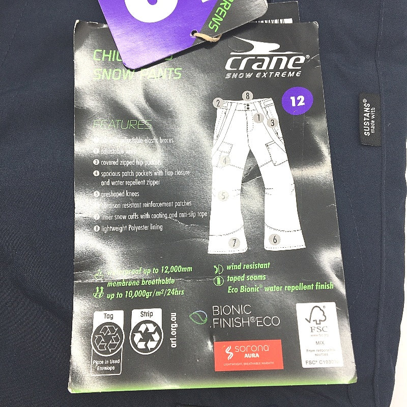 Crane Extreme Children's Snow Navy Blue Waterproof Pants Size 12 NEW