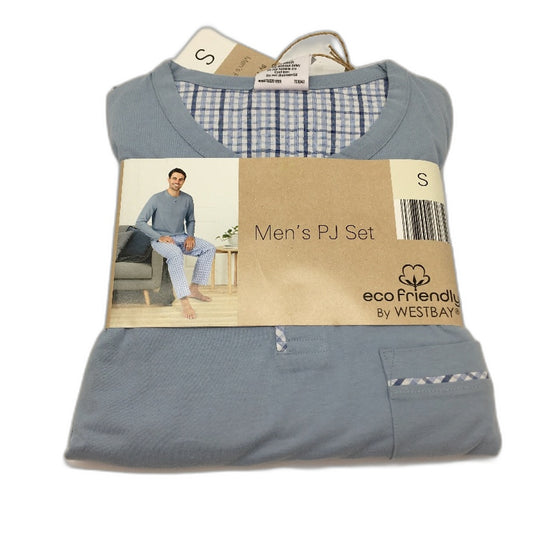 Westbay Eco Friendly 100% Cotton Sky Blue Long Sleeve Mens PJ Set Size S NEW