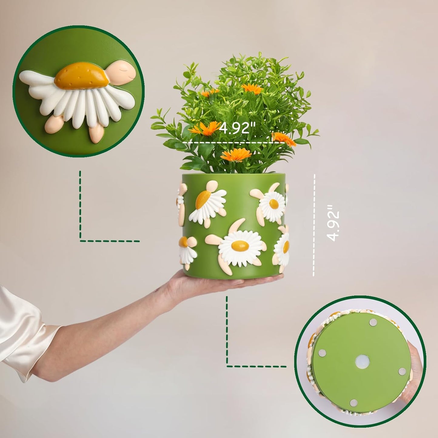 Gugugo Home Decor Hard Resin Green Unique Turtle Daisy Flower Planter Pot NEW
