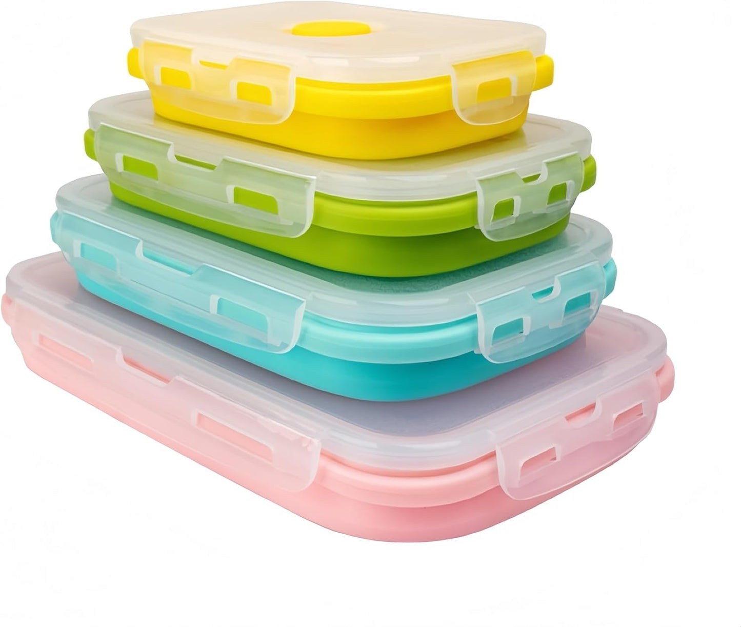 Set of 4 Collapsible Silicone Multicoloured Food Containers With Snap Lids NEW