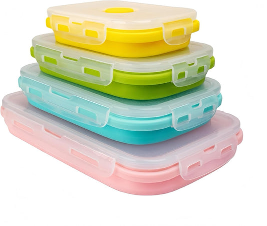 Set of 4 Collapsible Silicone Multicoloured Food Containers With Snap Lids NEW