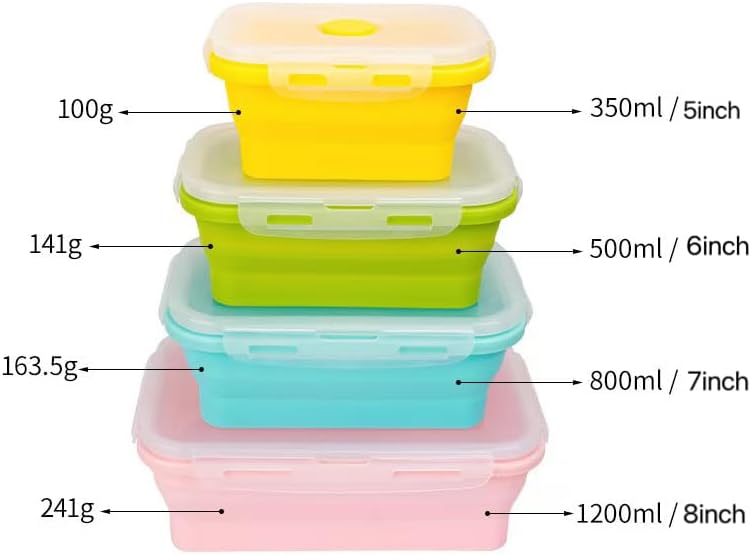 Set of 4 Collapsible Silicone Multicoloured Food Containers With Snap Lids NEW