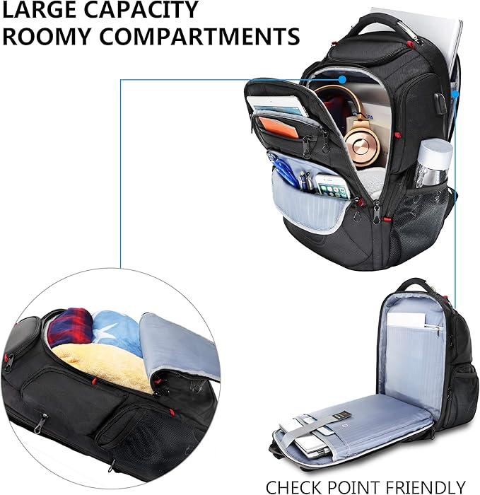 Kroser Black TSA Friendly Travel Laptop Backpack Built-in USB Port 17.3 Inch NEW