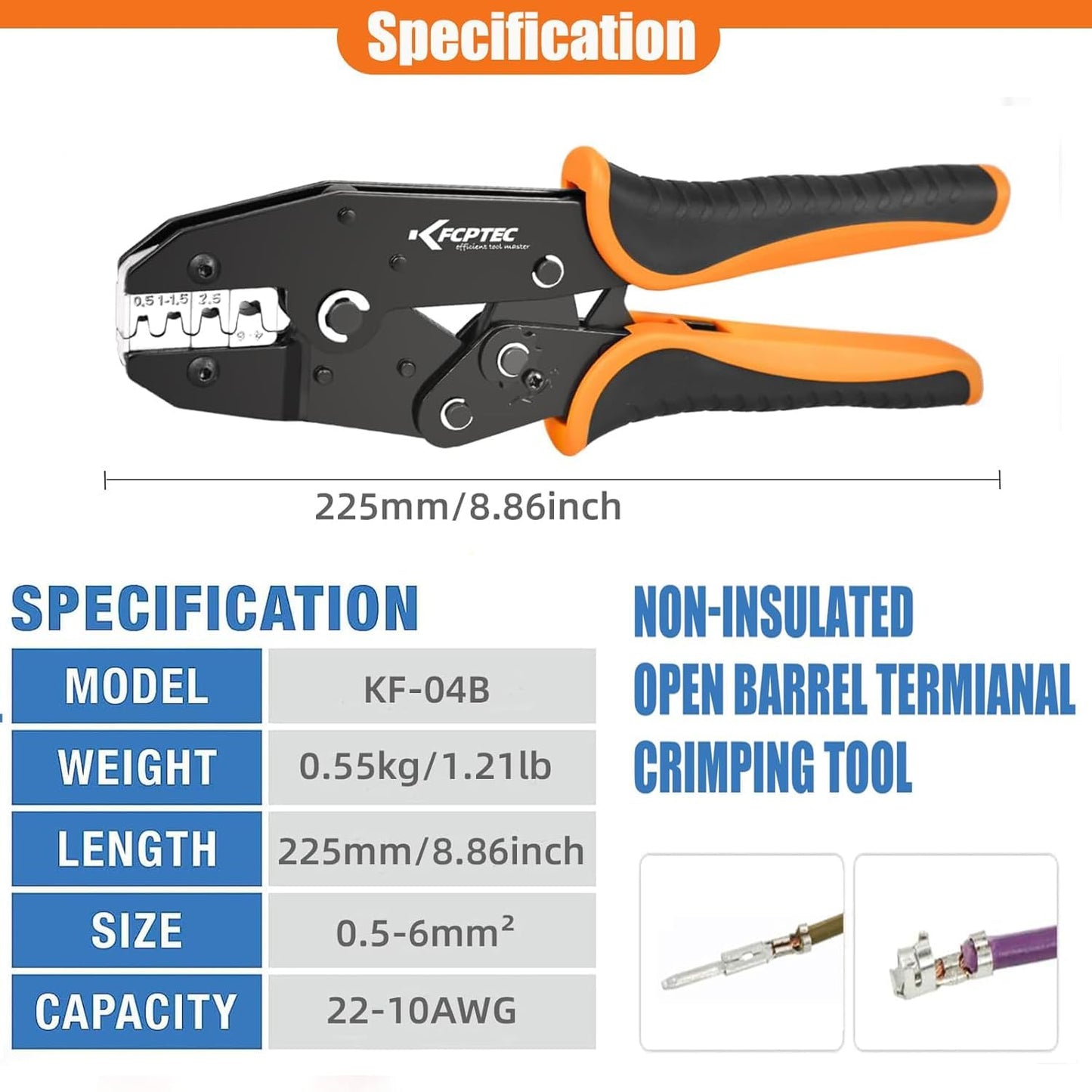 KF CPTEC Crimping Tool for Open Barrel Non-Insulated Flat Terminals AWG22-10 NEW