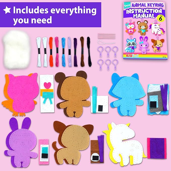 KRAFUN Animal Keyring Sewing Kit DIY Unicorn Cute Plush Makes 6 PCS Age 7+ NEW