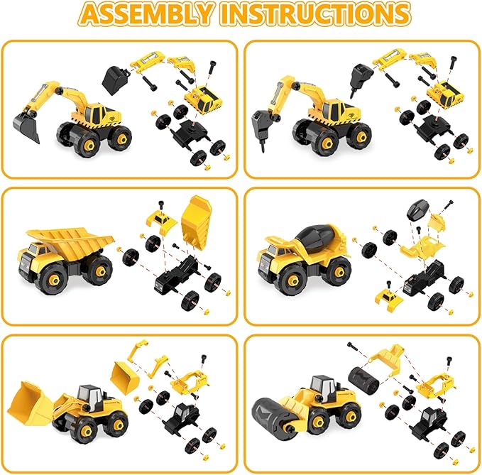 Building & Construction Vehicles 6 In 1 DIY Toys Electric Drill Take Apart Cars