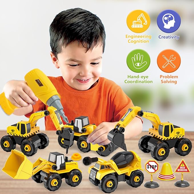 Building & Construction Vehicles 6 In 1 DIY Toys Electric Drill Take Apart Cars