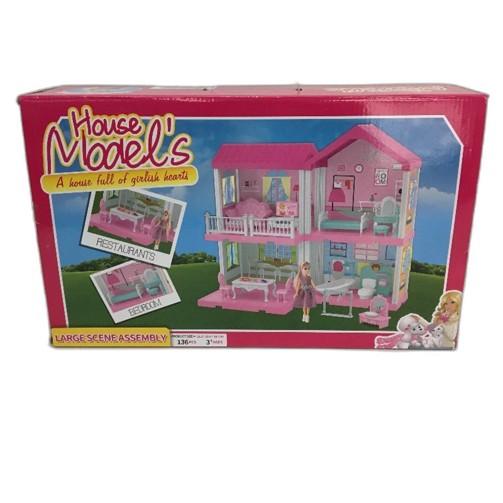 Zalluc Model's House 4 Room Pink Doll House With Furnitures & 1 Doll Age 3+ NEW