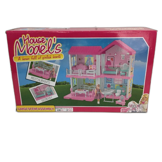 Zalluc Model's House 4 Room Pink Doll House With Furnitures & 1 Doll Age 3+ NEW