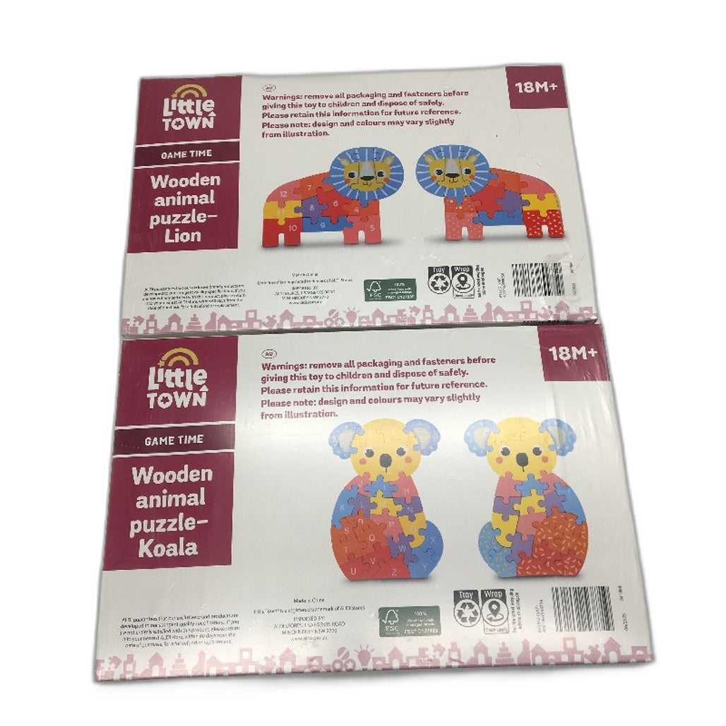 Little Town Game Time 2 Pack Wooden Animal Puzzle Lion & Koala Baby Toy Age 18M+