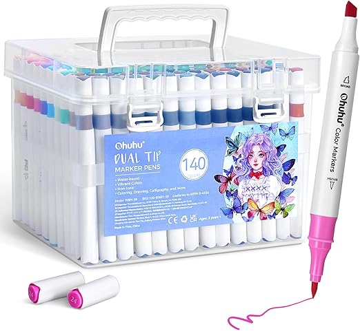 Ohuhu Dual Tip Marker Pens 140 Colours Water Based Colouring Art Chisel & Brush