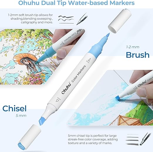 Ohuhu Dual Tip Marker Pens 140 Colours Water Based Colouring Art Chisel & Brush