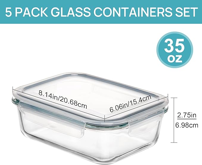 Vtopmart 5 Pack 35OZ Glass Food Container With Lids BPA Free Dishwasher Safe NEW