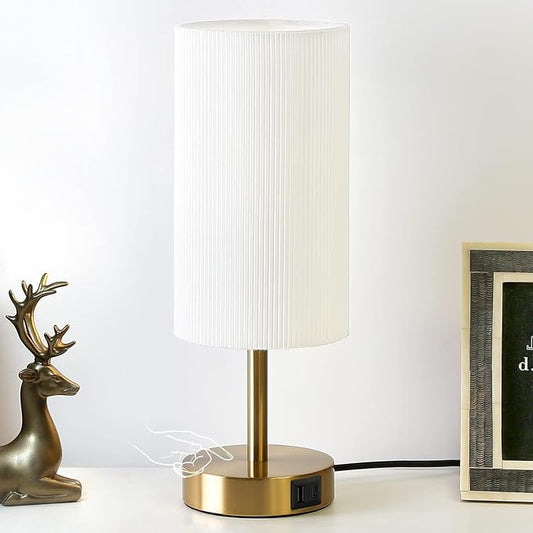 Bedside Table Lamp LED Touch Control Dimmable Light With USB Port Fabric Shade