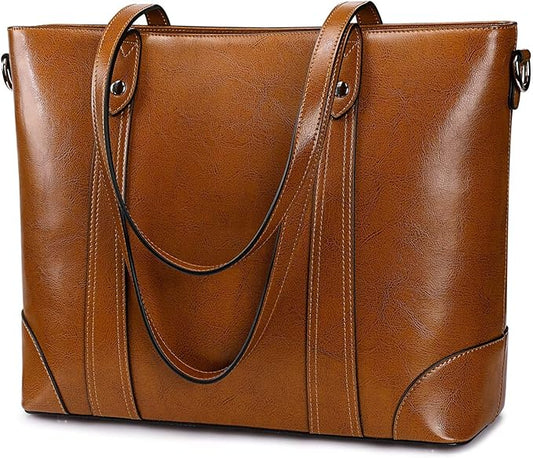 S Zone Genuine Cow Leather Tote Bag Shoulder Hnadbag Fits 14-15.5 Inch Laptops