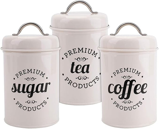 Coffee Tea Sugar 3 Pack Metal Airtight Canister Jar Container Set With Lid NEW