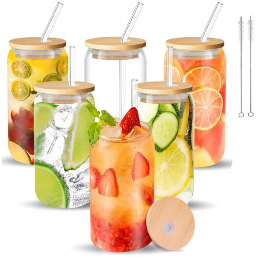 Welbellete 6 Pack Drinking Glasses With Bamboo Lids & Glass Straws Clear Tumbler