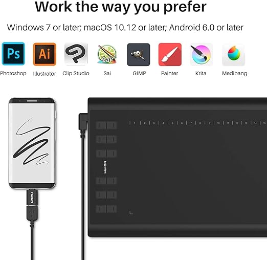 Huion Inspiroy H1060P Battery Free Pen Drawing Graphic Tablet 10x6 Inch NEW