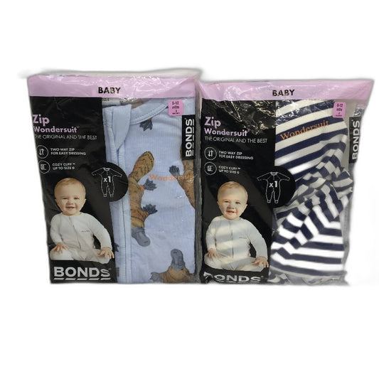 Bonds 2 Pack Navy Stripe Platypus Zip Wondersuits Pack 6.-12 Months Sze 0 NEW