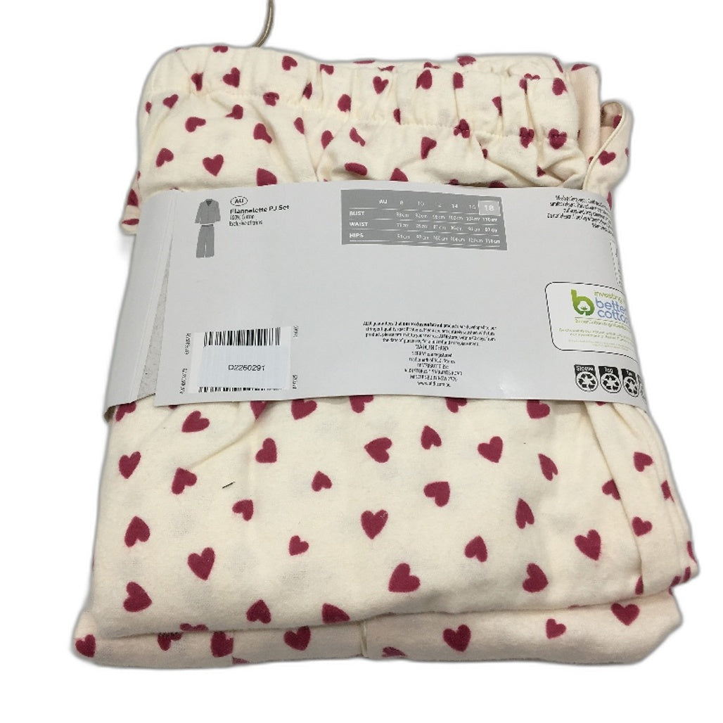 Serra Cotton Flannelette Long Sleeve Pink Heart Cream Pyjama Set Lds Size 18 NEW