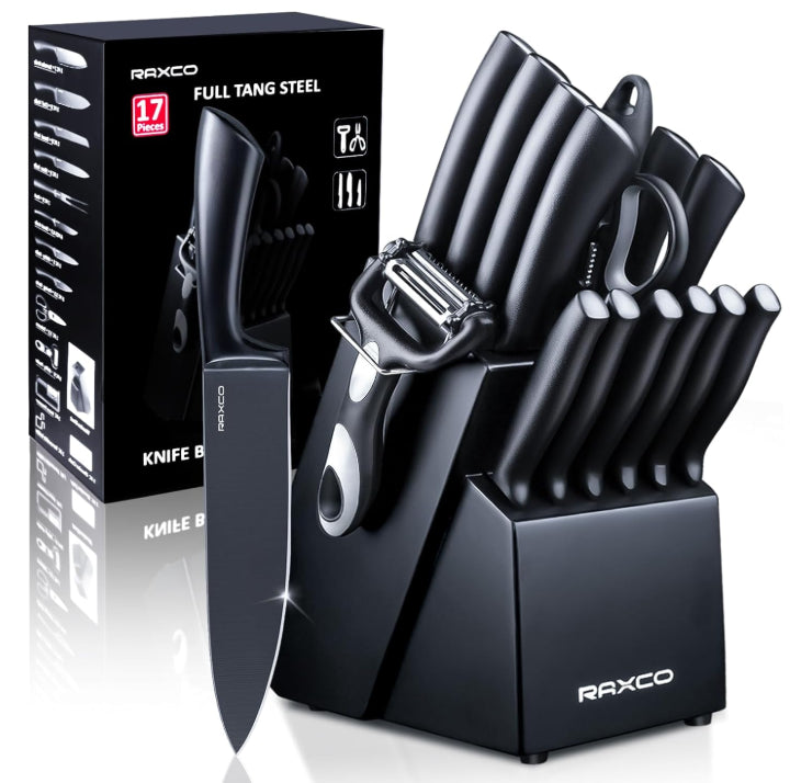 Raxco 17 Piece Black Knife Kitchen Set With Block Chef Quality Knives Set