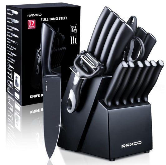 Raxco 17 Piece Black Knife Kitchen Set With Block Chef Quality Knives Set