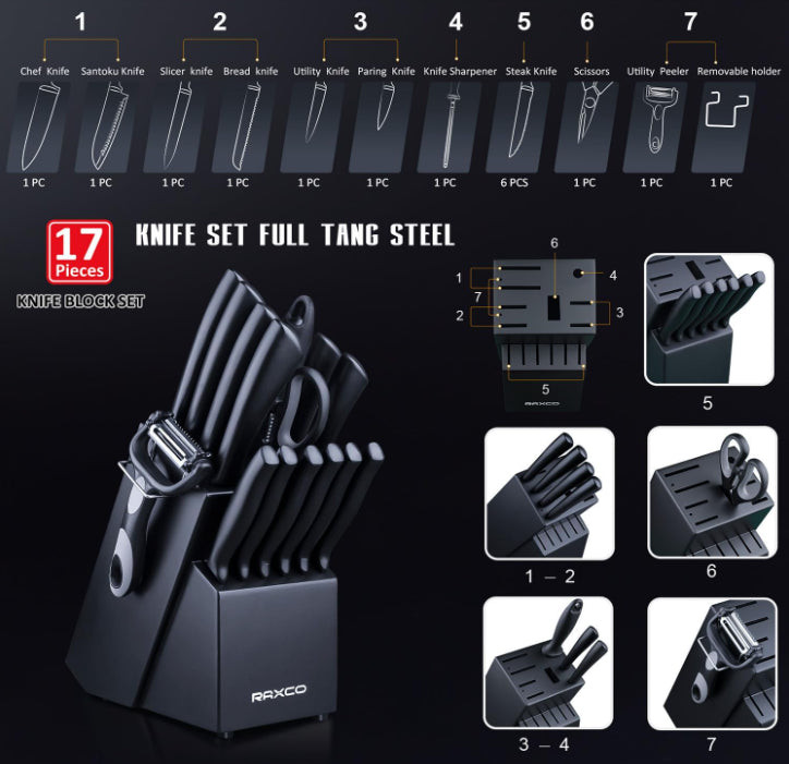 Raxco 17 Piece Black Knife Kitchen Set With Block Chef Quality Knives Set