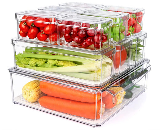 Feshory 10 Pack Clear Stackable Fridge Organiser Bins With Lids & Drain Tray
